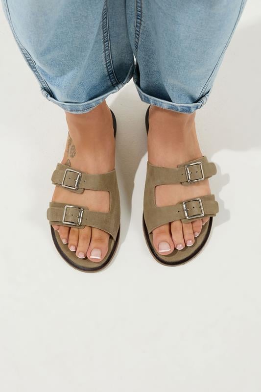 Taupe Brown Double Buckle Footed Mule In Extra Wide EEE Fit