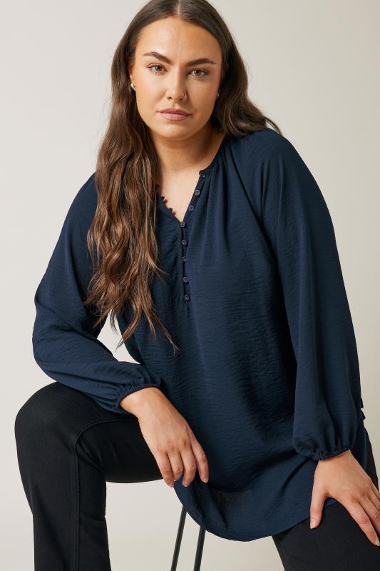 EVANS Plus Size Navy Blue Button Front Long Sleeve Blouse | Evans 4