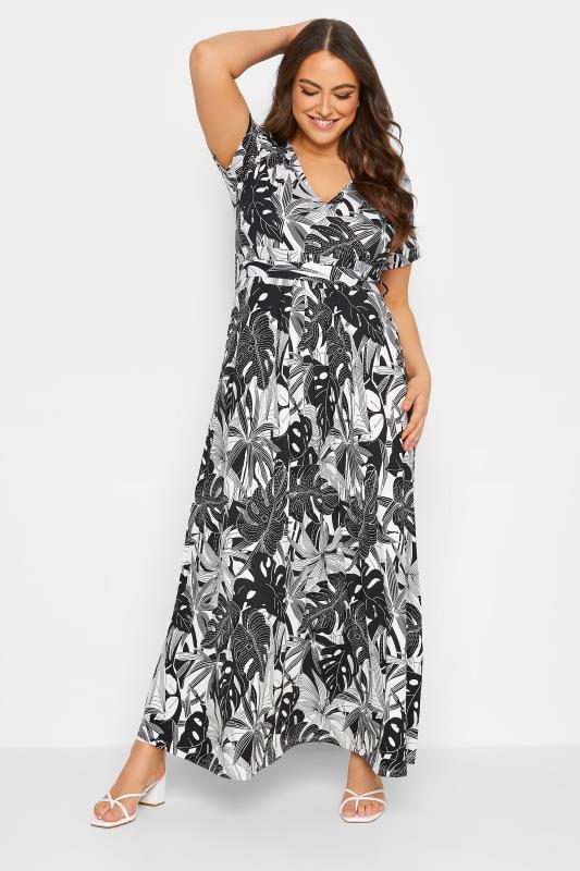 YOURS Plus Size Curve Black & White Floral Leaf Print Front Tie Maxi Dress| Yours Clothing  1