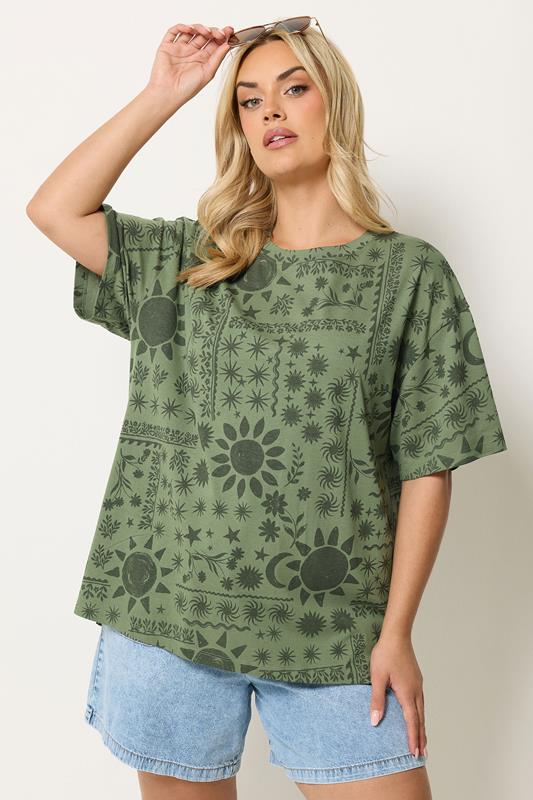  YOURS Curve Green Summer Print Boxy T-Shirt