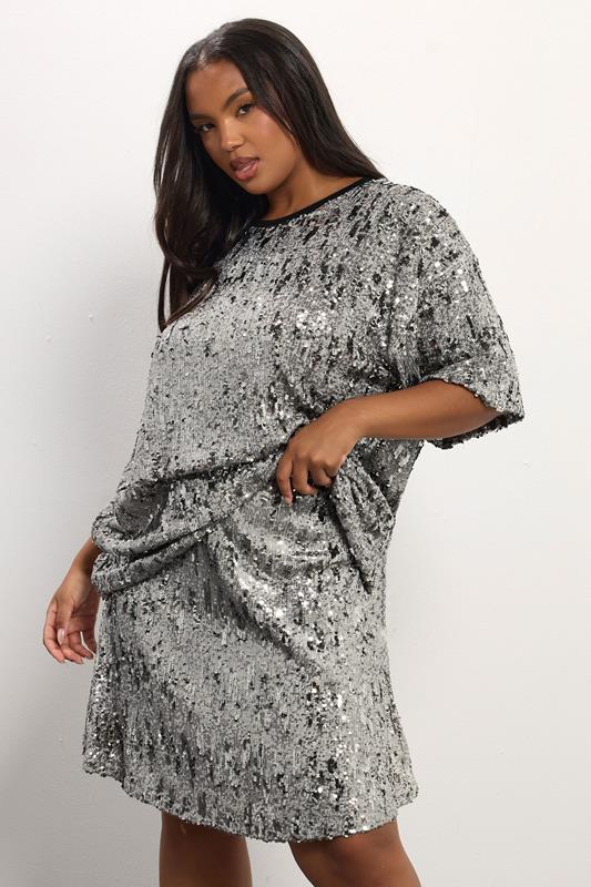 YOURS Plus Size Silver Sequin Embellished Mini Skirt | Yours Clothing 1
