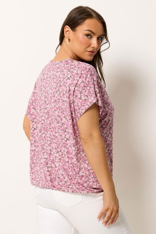 YOURS Plus Size Pink Floral Grown-On Sleeve T-Shirt | Yours Clothing 2