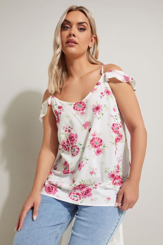 YOURS Curve White Floral Print Frill Sleeve Top