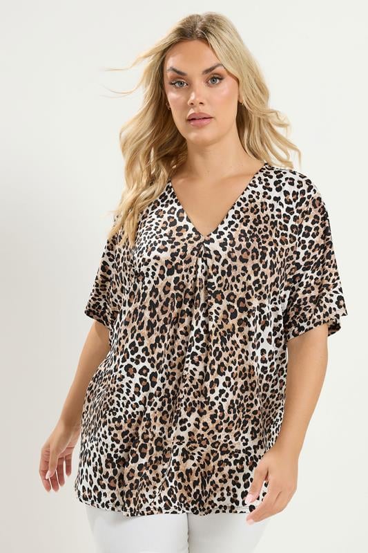 YOURS Plus Size Brown Leopard Pleated Front Top | Yours Clothing 1