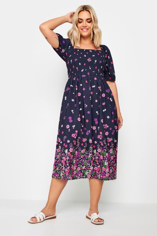 LIMITED COLLECTION Plus Size Navy Blue Floral Border Print Shirred Midi Dress | Yours Clothing 2