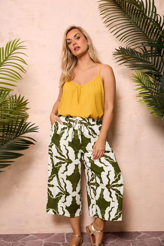 YOURS Curve White & Green Tile Print Wide Leg Culottes