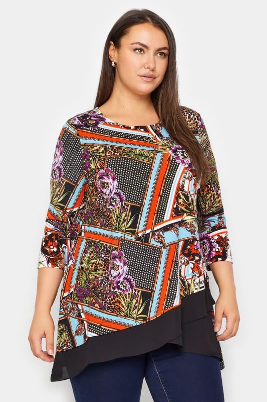 Evans Black Mixed Print Hanky Hem Top 1