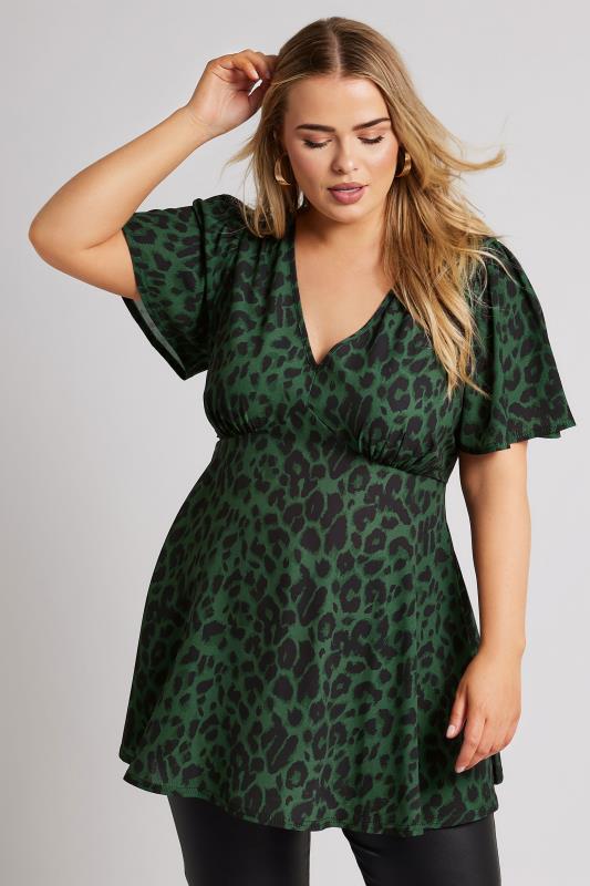 Plus Size  YOURS LONDON Curve Green Leopard Print Angel Sleeve Blouse