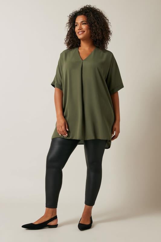 EVANS Plus Size Khaki Green Pleat Front Blouse | Evans 2