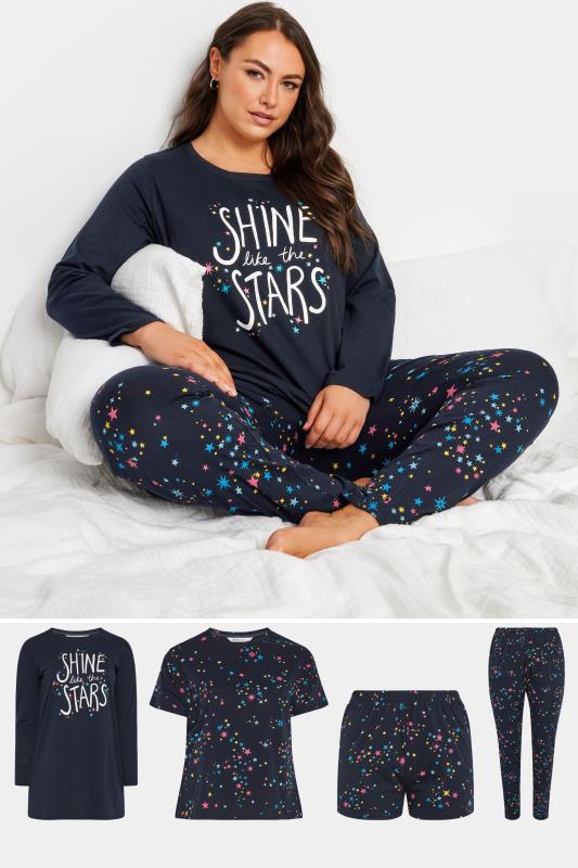 Plus Size  YOURS 4 PACK Curve Navy Blue Star Print Pyjama Set