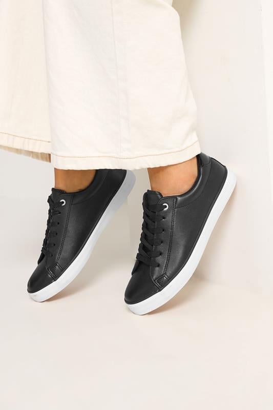  Yours Black Faux Leather Lace Up Trainers In Extra Wide EEE Fit
