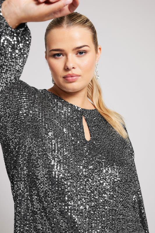 YOURS LONDON Plus Size Silver Sequin Keyhole Top | Yours Clothing 4