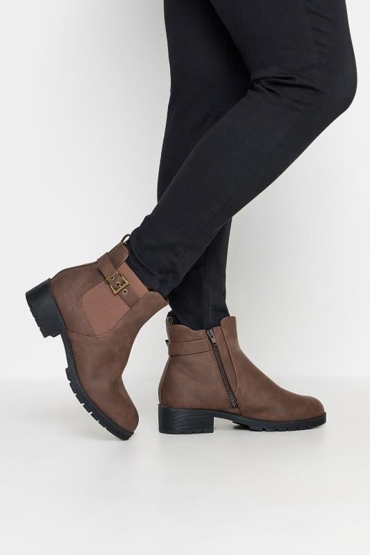 Brown Faux Leather Buckle Ankle Boots In Wide E Fit & Extra Wide EEE Fit | Yours Clothing 1