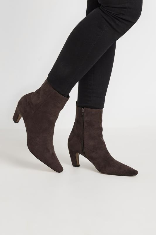 LTS Brown Faux Suede Heeled Ankle Boot In Standard Fit | Long Tall Sally 1