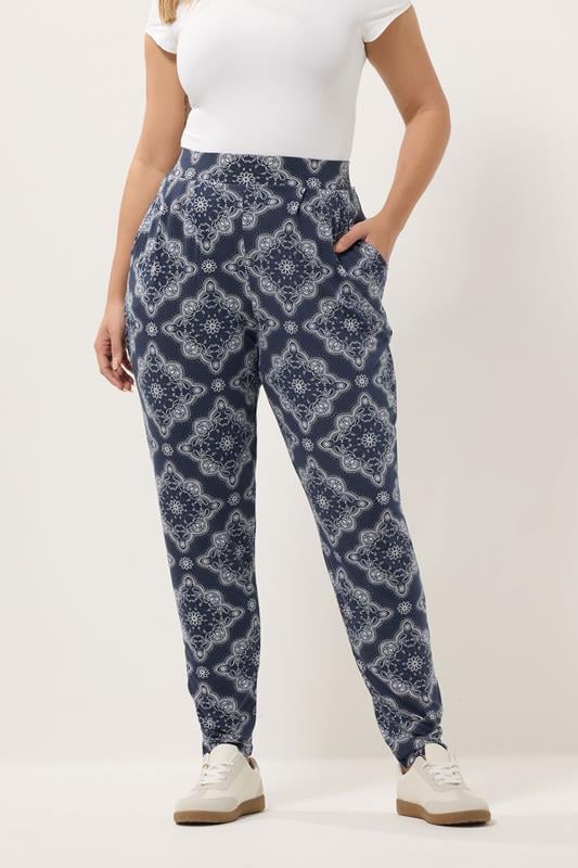  YOURS Curve Navy Blue Bandana Print Harem Trousers