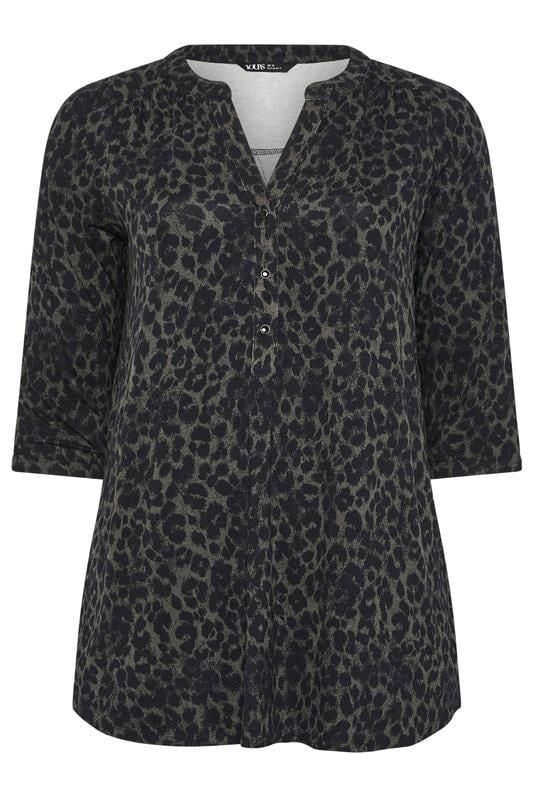 YOURS Plus Size Dark Green Leopard Print Placket Top | Yours Clothing 5