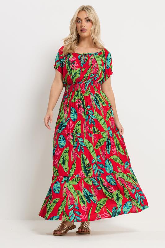  YOURS Curve Red Tropical Tie Neck Bardot Maxi Dress