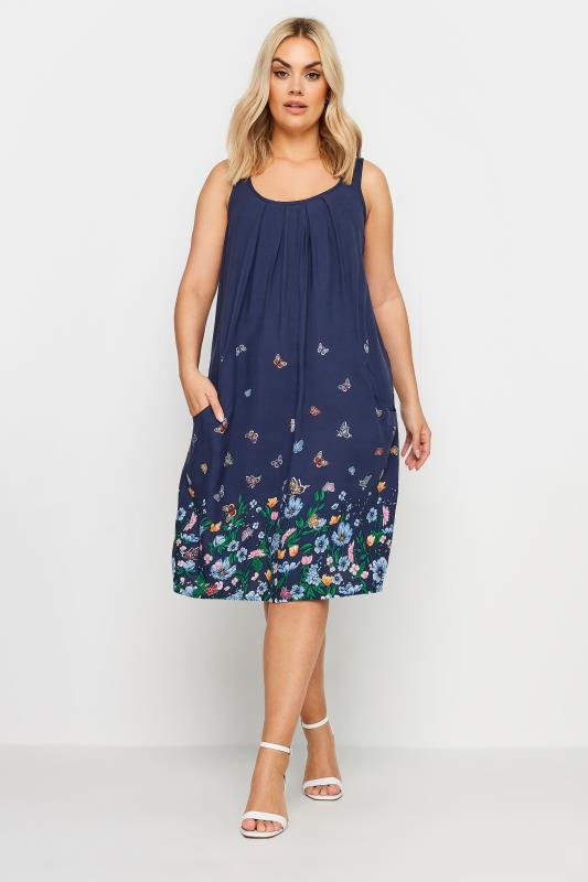 YOURS Curve Navy Blue Butterfly Print Pocket Dress 2