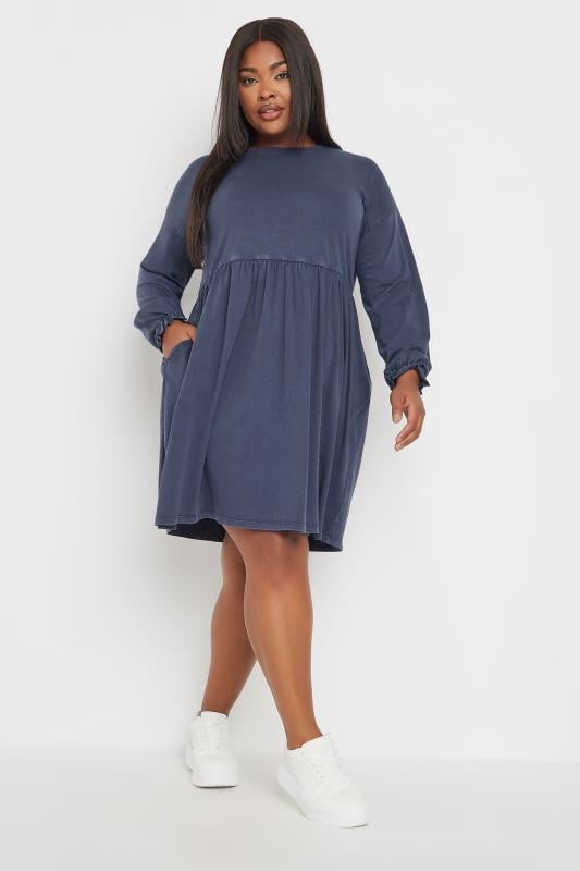 YOURS Plus Size Blue Acid Wash Frill Sleeve Midi Dress | Yours Clothing 1