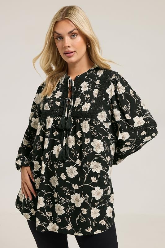  YOURS Curve Black Floral Crochet Trim Blouse