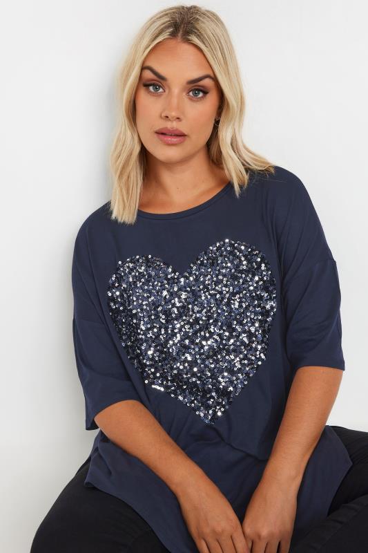 YOURS Plus Size Navy Blue Heart Sequin Embellished T-Shirt | Yours Clothing  4