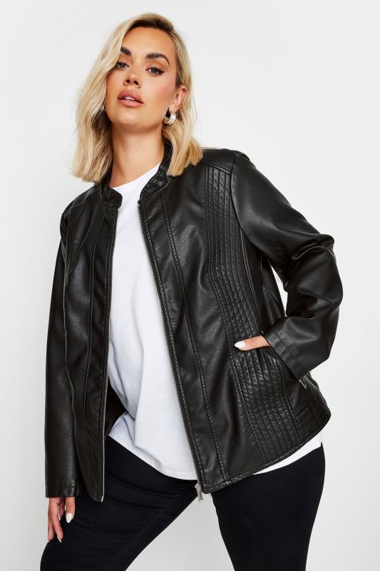 YOURS Plus Size Black Collarless Faux Leather Jacket | Yours Clothing  3