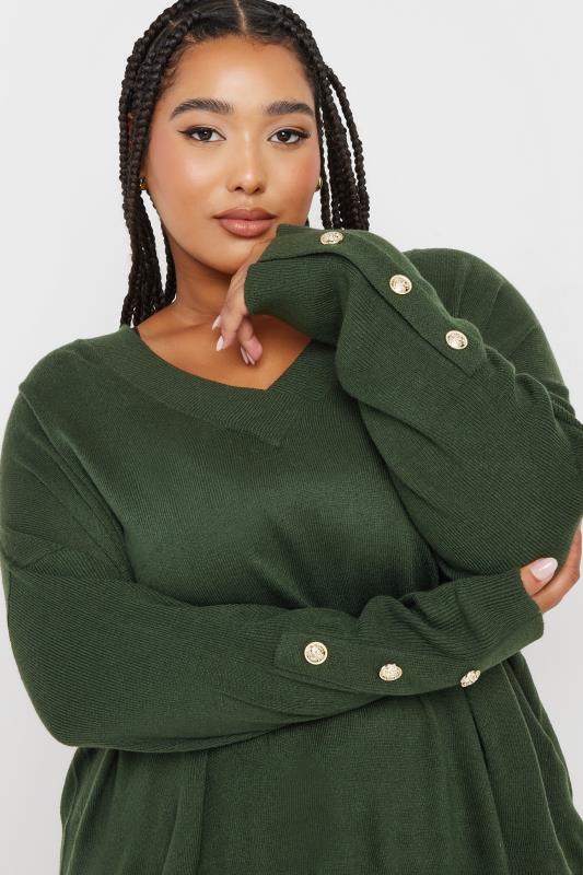 YOURS Plus Size Forest Green Button Sleeve Jumper | Yours Clothing  4