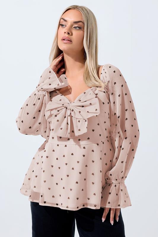 LIMITED COLLECTION Plus Size Pink Heart Bow Front Chiffon Top | Yours Clothing 1