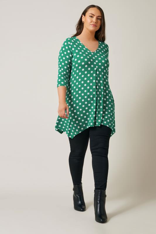 EVANS Plus Size Green Polka Dot Hanky Hem Top | Evans 2