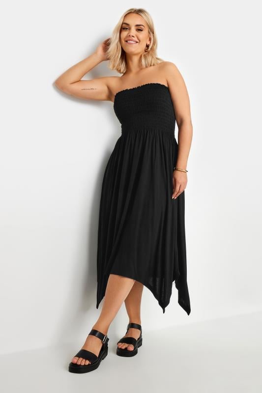 YOURS Plus Size Black Shirred Bandeau Midi Dress | Yours Clothing 1