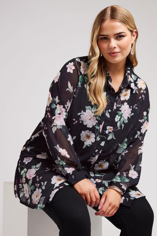 YOURS LONDON Plus Size Black Floral Mesh Longline Shirt | Yours Clothing 1