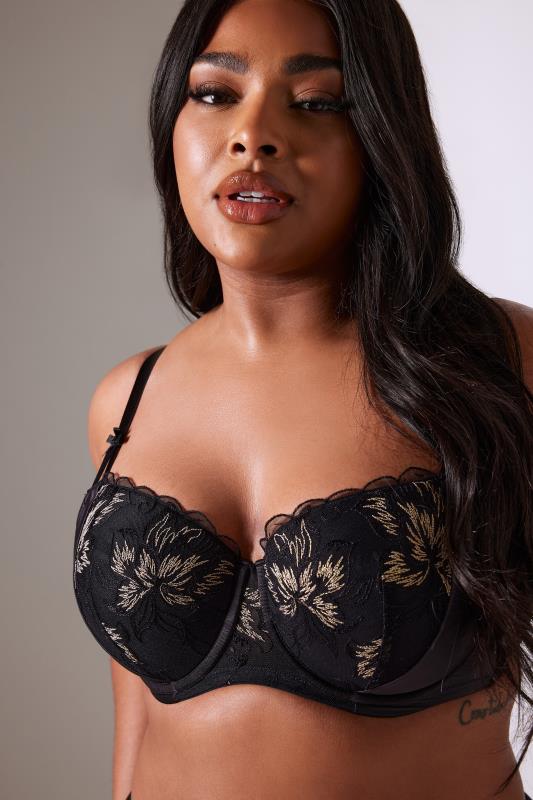 YOURS Plus Size Black Lace Embroidered Padded Balcony Bra | Yours Clothing 1