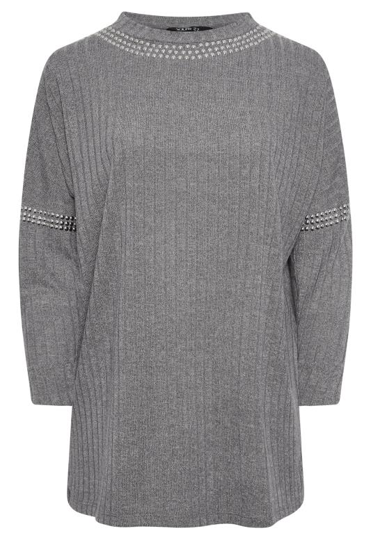 YOURS Plus Size Grey Stud Neckline Embellished Jumper | Yours Clothing 5