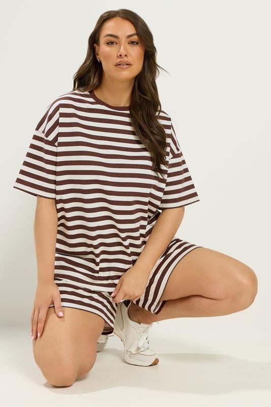 YOURS Curve Brown Stripe T-Shirt & Shorts Co-ord