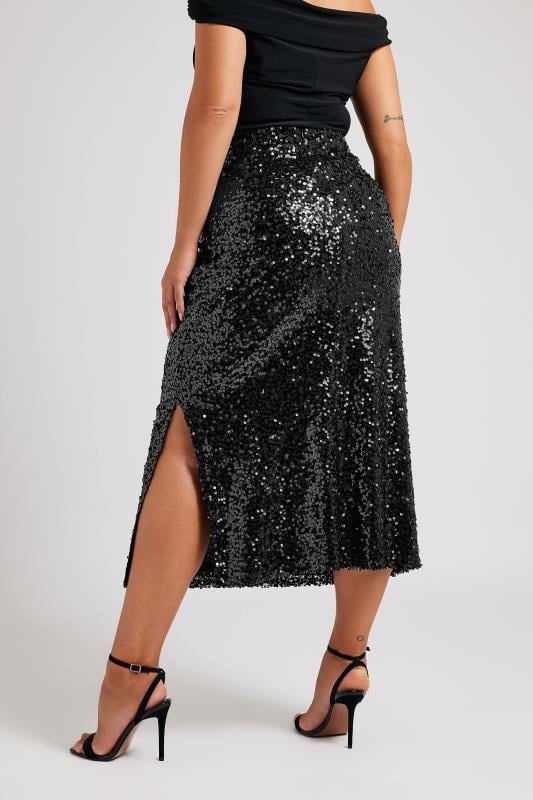 YOURS LONDON Plus Size Black Sequin Embellished Maxi Skirt | Yours Clothing  3