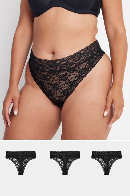 YOURS Plus Size 3 PACK Black Lace High Waisted Thongs | Yours Clothing  1