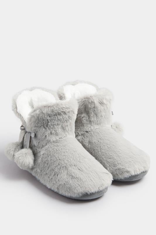 Grey Pom Pom Faux Fur Boot Slippers