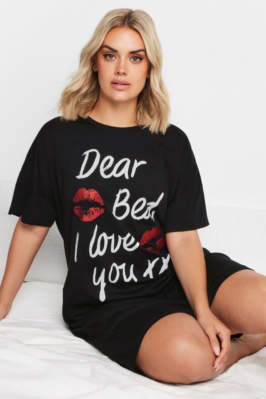 YOURS Plus Size Black 'Dear Bed' Slogan Sleep Tee Nightdress | Yours Clothing 1