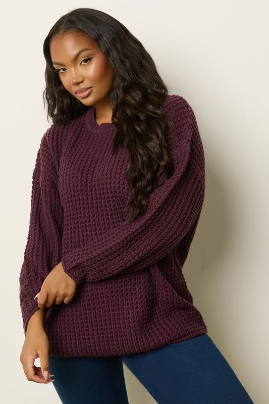 YOURS Plus Size Burgundy Red Waffle Knit Jumper | Yours Clothing 2