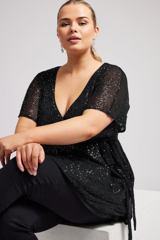 YOURS LONDON Plus Size Black Sequin Wrap Top | Yours Clothing  4