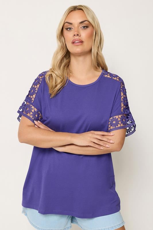YOURS Curve Purple Crochet Sleeve T-Shirt