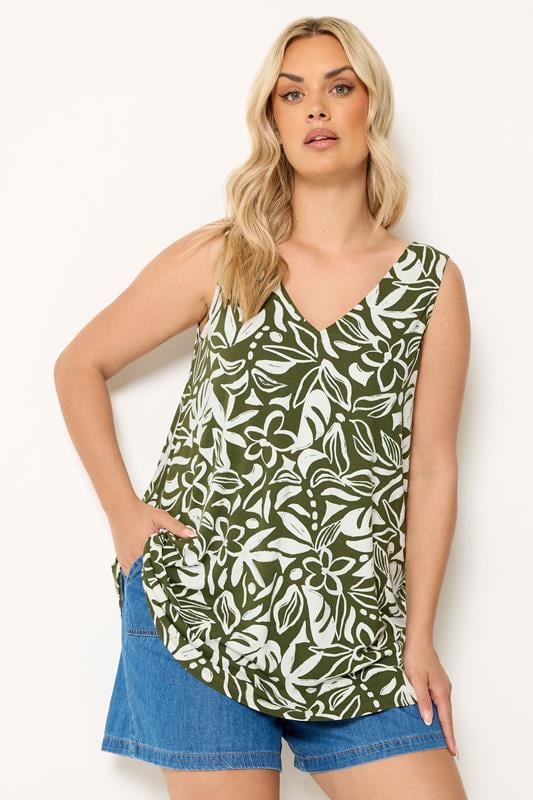 YOURS Plus Size Khaki Green Floral Swing Vest Top | Yours Clothing 1