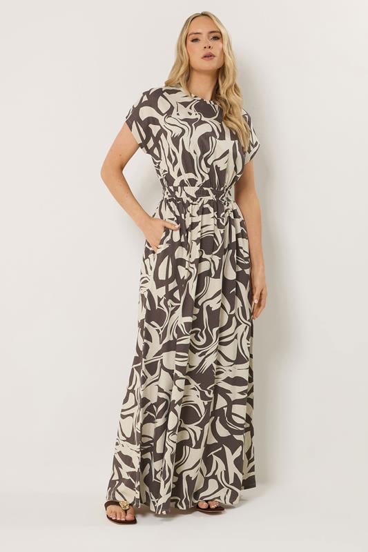  LTS Tall Chocolate Brown Abstract Shirred Waist Cotton Maxi Dress