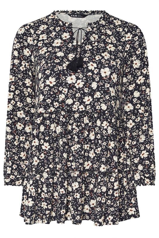 YOURS Plus Size Black Floral Tie Neck Tiered Blouse | Yours Clothing 5