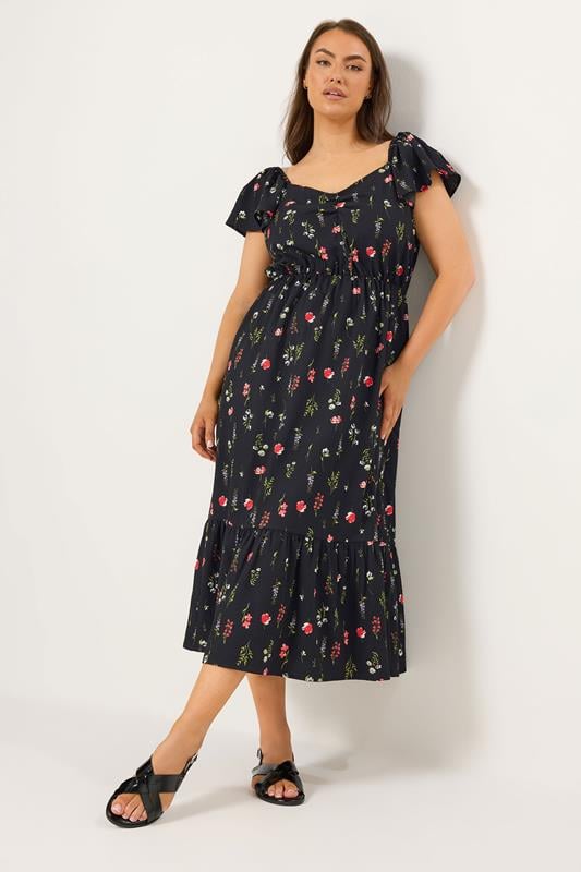  Yours Curve Black Floral Ruched Maxi Dress