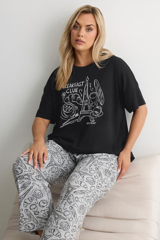  YOURS Curve Black 'Breakfast Club' Wide Leg Pyjama Set