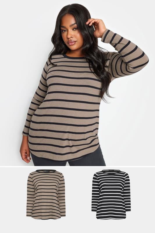 Plus Size  YOURS Curve 2 PACK Black & Brown Stripe Print Cotton Tops