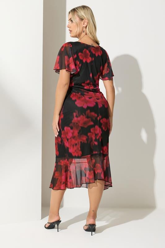 YOURS LONDON Plus Size Red Floral Gathered Midi Dress | Yours Clothing 2