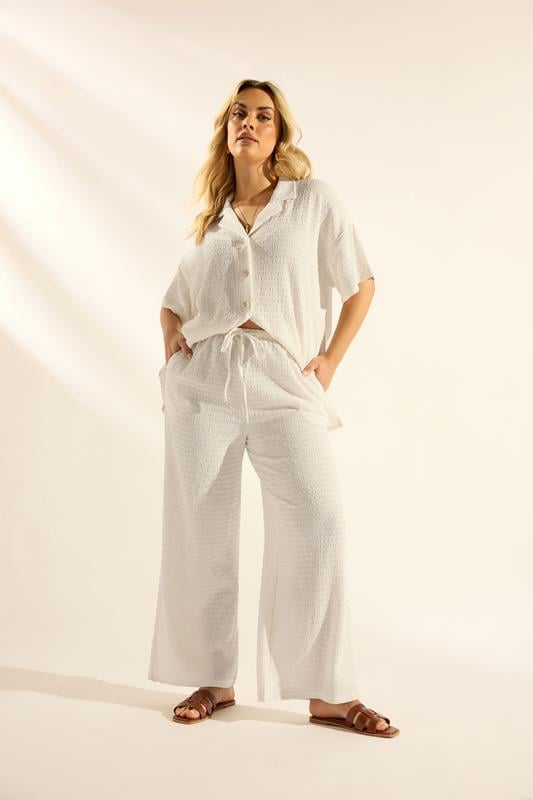  YOURS Curve Ivory White Textured Wide Leg Trousers