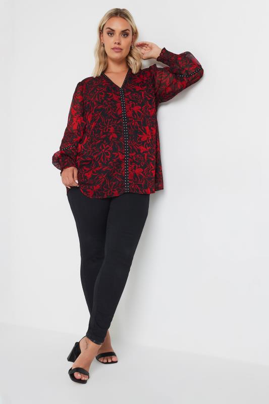 YOURS Curve Red Floral Print Stud Blouse | Yours Clothing 2